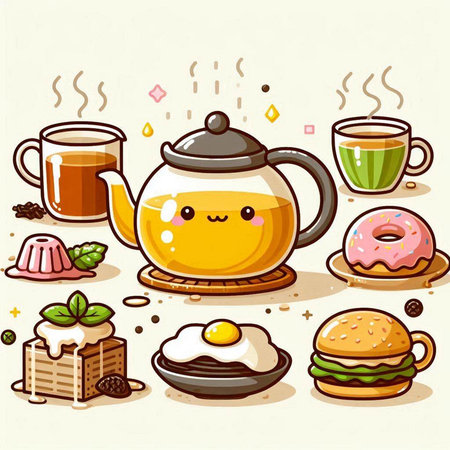 Cute kawaii teapot and tea set, vector illustrationのイラスト素材