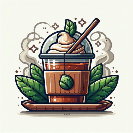 Illustration of a cup of coffee with ice cream and mint leavesのイラスト素材