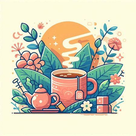 Cup of tea with leaves and flowers, flat vector illustration.のイラスト素材
