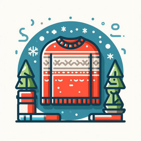 Vector illustration of knitted sweater with snowflakes and christmas treesのイラスト素材