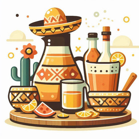 Mexican tequila bottle, tequila glass, tequila bottle, cactus and lemon. Vector illustrationのイラスト素材