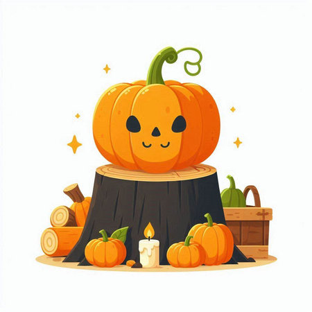 Halloween pumpkin on stump, cartoon vector illustration isolated on white background.のイラスト素材