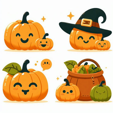 Set of Halloween pumpkins with different emotions. Vector illustration on white background.のイラスト素材