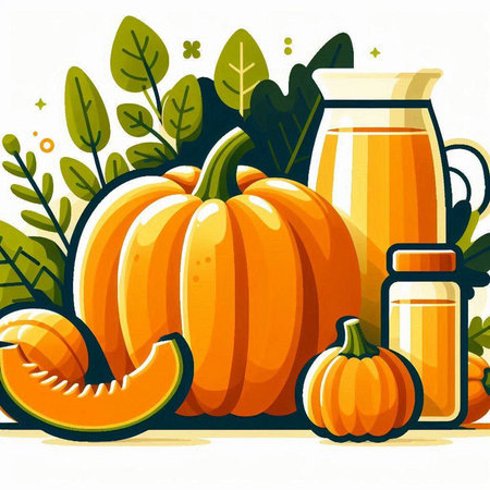 Pumpkin juice vector illustration. Juicy orange pumpkins with leaves and bottle of juice.のイラスト素材