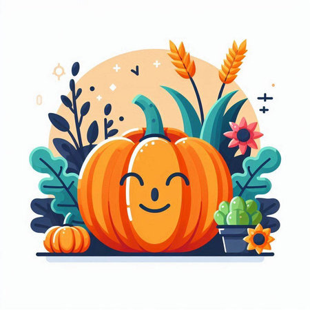 Pumpkin vector illustration. Cute cartoon pumpkin character in flat style. Autumn harvest.のイラスト素材