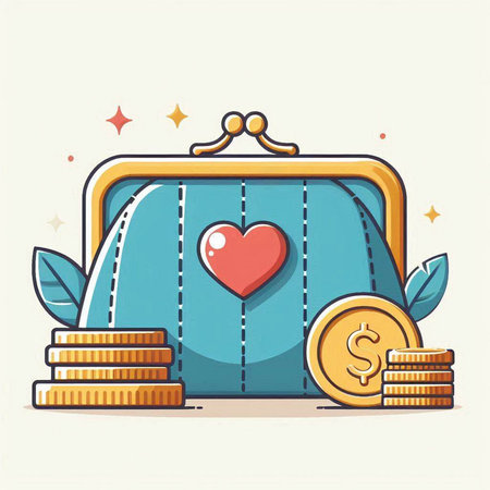 Purse with heart and coins. Vector illustration in flat style.のイラスト素材