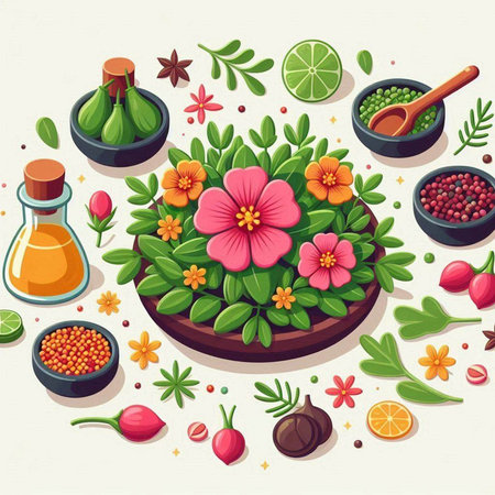 Flowering herbs and spices in wooden bowl. Vector illustration.のイラスト素材