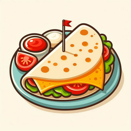 Illustration of tortilla sandwich with tomato, cheese and cucumberのイラスト素材
