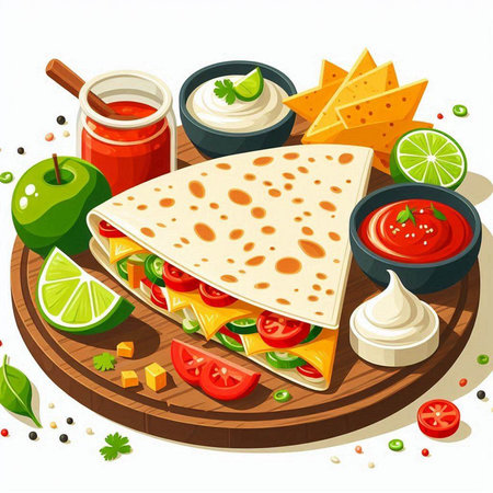 Mexican food. Vector illustration of tacos with guacamole, cheese, tomato, cucumber, onion, pepper and sour cream.のイラスト素材