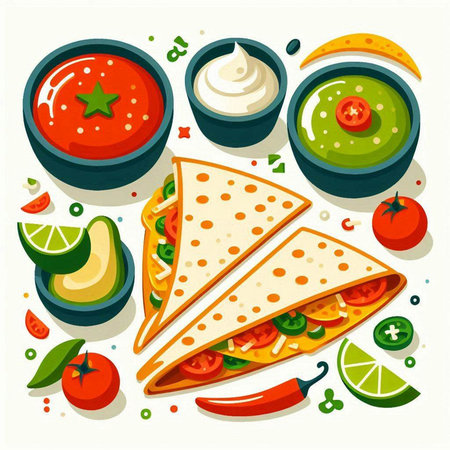 Mexican food vector illustration. Traditional mexican tacos with salsa, guacamole, burrito, tortilla, salsa, guacamole, tomato, onion, pepper and limeのイラスト素材