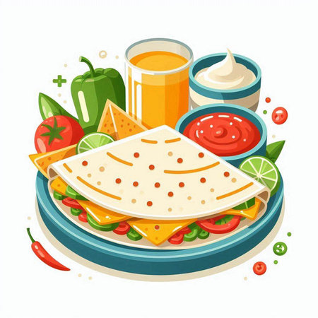 Mexican food vector illustration. Taco tortilla, salsa sauce, guacamoleのイラスト素材