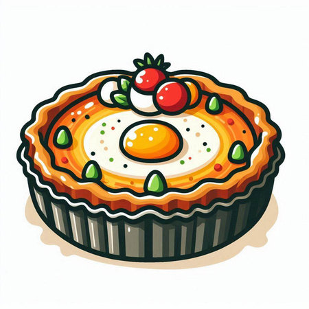 Illustration of a pie with eggs and cherry on a white backgroundのイラスト素材