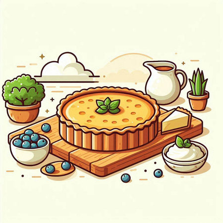 Vector illustration of a pie with blueberries and sour cream on a wooden boardのイラスト素材