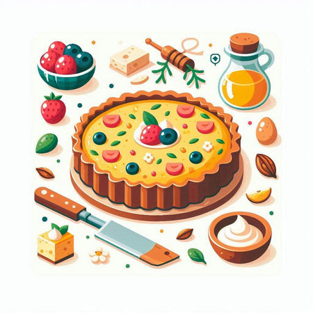 Vector illustration of a pie with strawberries, blueberries and cheese.のイラスト素材