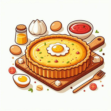 Illustration of a pie with eggs, tomato, garlic and spicesのイラスト素材