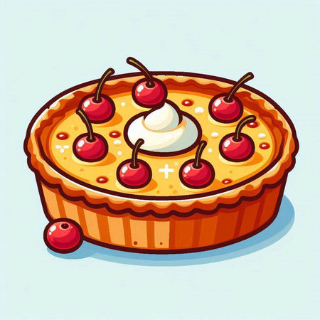 Illustration of a cherry pie with whipped cream and cherries.のイラスト素材