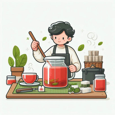 Vector illustration of a man in apron making tea in a glass jarのイラスト素材