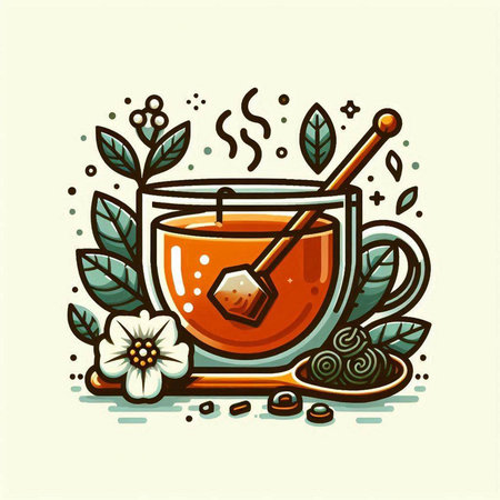 Cup of tea with honey and leaves. Vector illustration in retro style.のイラスト素材
