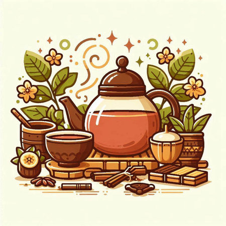 Vector illustration of tea ceremony. Teapot, cups, teacups, bowls, honey, cinnamon, leaves.のイラスト素材