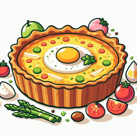 Illustration of a pie with eggs and vegetables on a white backgroundのイラスト素材