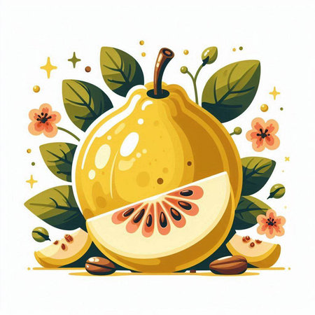 Vector illustration of quince with leaves and flowers on white background.のイラスト素材