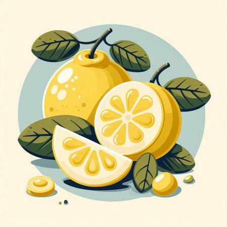 Lemons with leaves and slices on a light background. Vector illustration.のイラスト素材