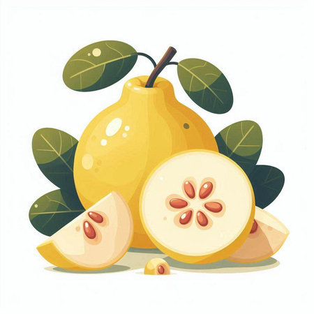 Ripe yellow quince with leaves isolated on white background. Vector illustration.のイラスト素材