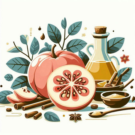 Pomegranate, honey, cinnamon, anise, cloves and leaves. Vector illustration.のイラスト素材