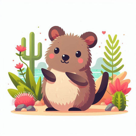 Cute cartoon hamster in the desert with cacti.のイラスト素材