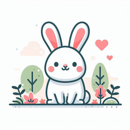 Cute cartoon rabbit in the garden. Vector illustration in flat style.のイラスト素材