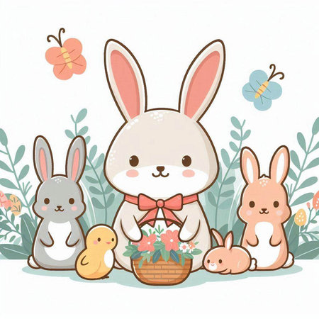 Easter card with cute bunnies and flowers. Vector illustration.のイラスト素材
