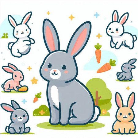 Illustration of Cute Rabbits and Cute Little Bunniesのイラスト素材
