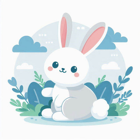 Cute cartoon rabbit sitting on the grass with blue sky and cloudsのイラスト素材