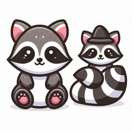 Raccoon and raccoon in the hat. Vector illustration.のイラスト素材