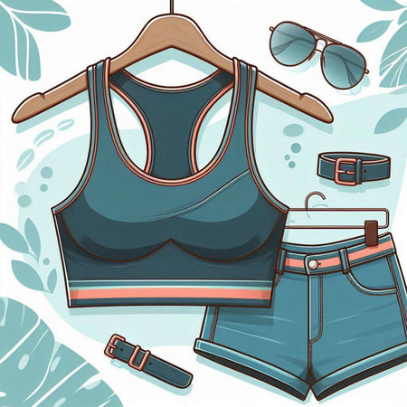 Women's clothing on a hanger. Sunglasses, belt, tank top, shorts.のイラスト素材