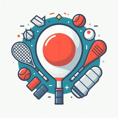 Tennis flat line icons set. Vector illustration of sport equipment.のイラスト素材