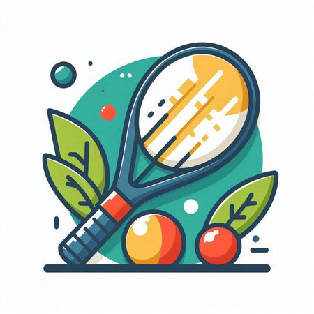 Tennis racket and balls with green leaves. Flat style vector illustration.のイラスト素材