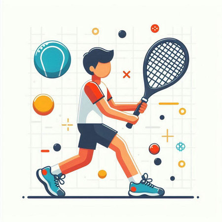 Tennis player with racket and ball. Flat style vector illustration.のイラスト素材