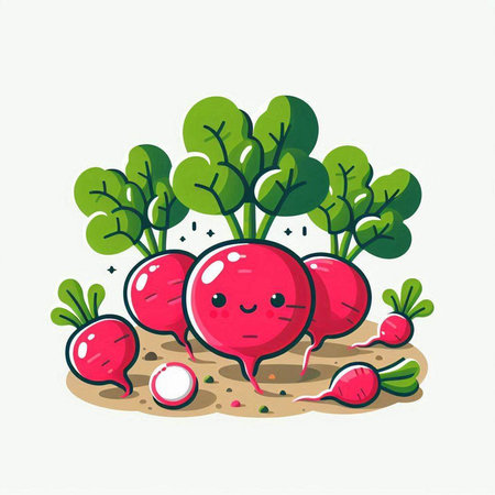 Cartoon radish illustration. Cute vegetable character. Vector vegetable illustration.のイラスト素材
