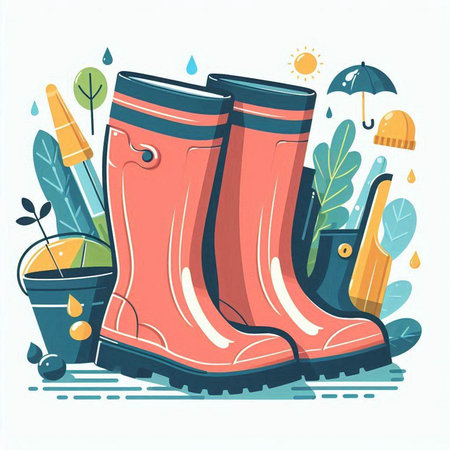 Vector illustration of rubber boots with garden tools. Flat style design.のイラスト素材