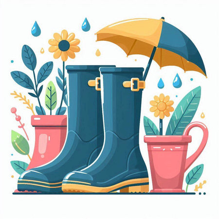 Garden rubber boots with umbrella and watering can. Vector illustration.のイラスト素材
