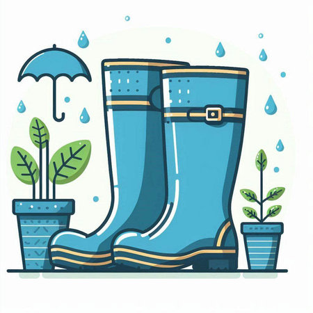 Garden rubber boots with rain drops and plants. Vector illustration.のイラスト素材