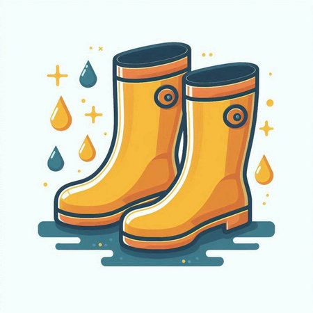 Vector illustration of yellow rubber boots on a background of water drops.のイラスト素材