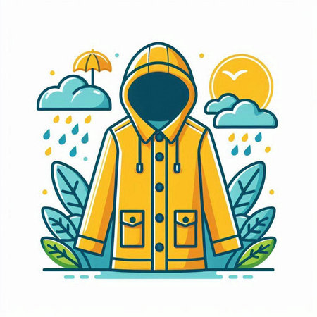 Vector illustration in flat linear style with raincoat, umbrella and cloudsのイラスト素材