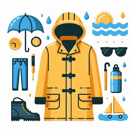 Vector illustration of a yellow raincoat, hat, sunglasses, boots, umbrella and rain drops.のイラスト素材