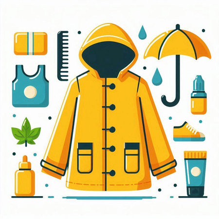 Vector illustration of a yellow raincoat and accessories for the rainy seasonのイラスト素材