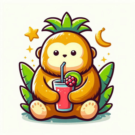 Cute cartoon monkey sitting with a glass of juice. Vector illustration.のイラスト素材