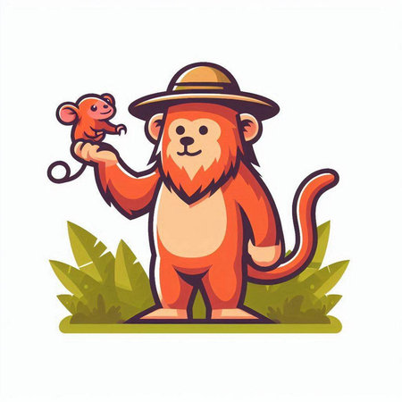 Cute monkey in a hat and with a toy. Vector illustration.のイラスト素材