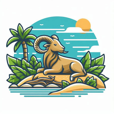Bighorn sheep on the beach with palm trees. Vector illustration.のイラスト素材