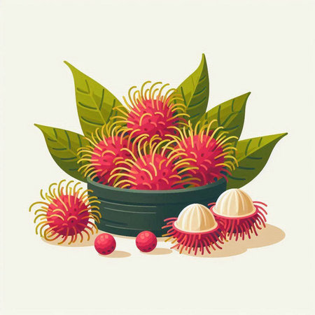 Tropical fruit rambutan in a bowl, vector illustrationのイラスト素材